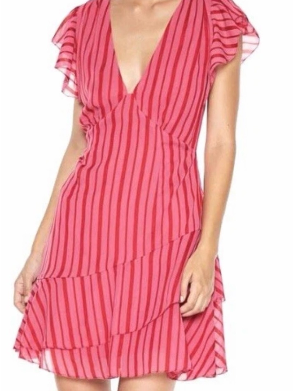 La Maison Talulah Pink/Red Striped Mini Ruffle Dress Women’s Small V-Neck